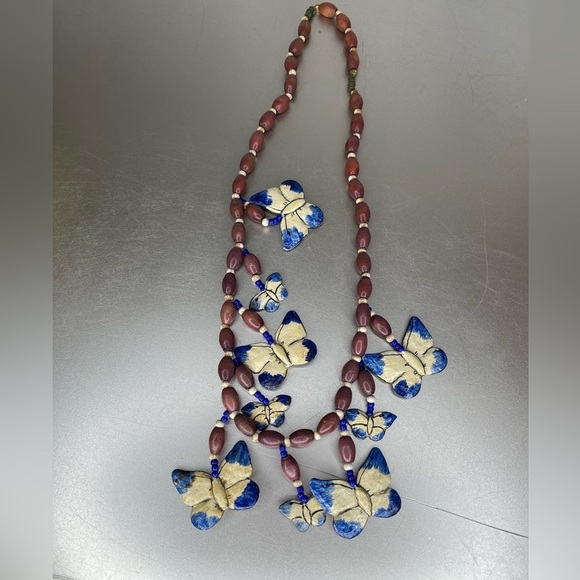 Vintage Wooden Blue Butterfly Necklace Dangle Statement Piece Art To Wearl - Picture 5 of 6